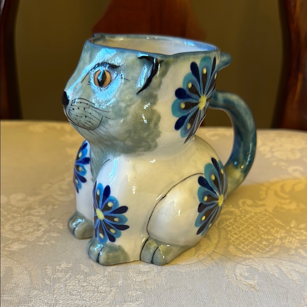 Handmade, signed artesian stoneware cat mug with flowers